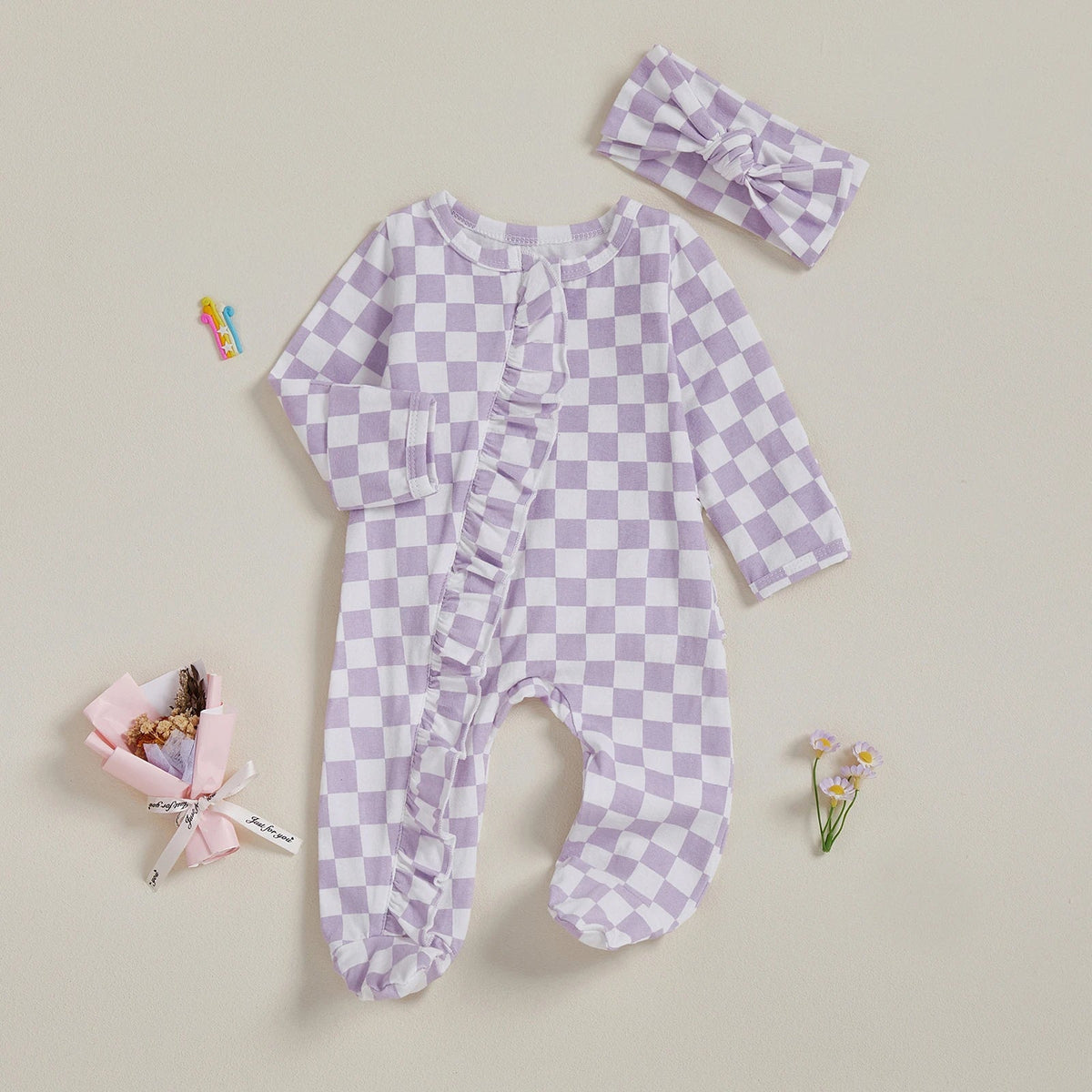Checkerboard Ruffle Footie Set - The Ollie Bee