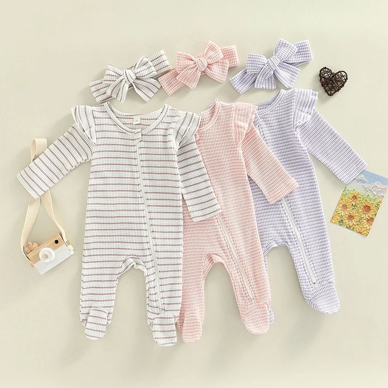 Ruffle Shoulder Striped Footie - The Ollie Bee