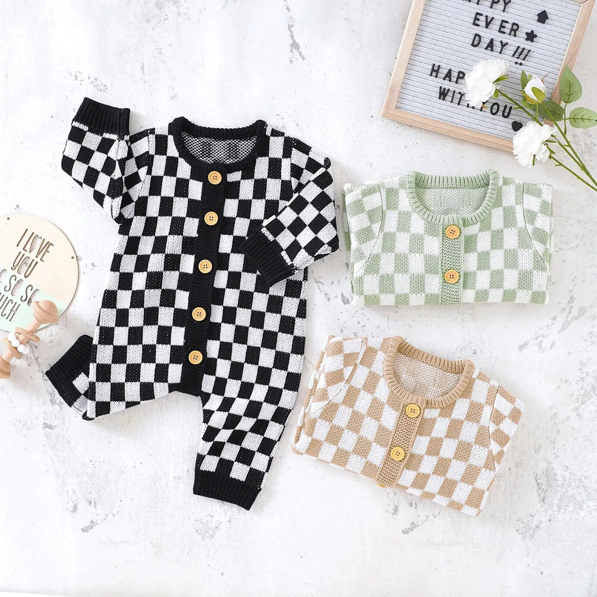 Checkerboard Sweater Onesie - The Ollie Bee