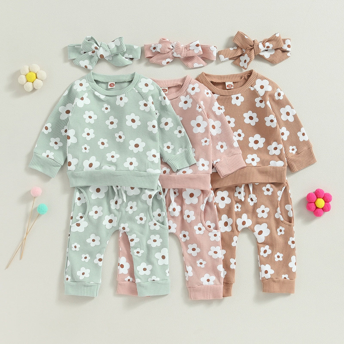 Flower Power Waffle Sweatsuit and Bow - The Ollie Bee