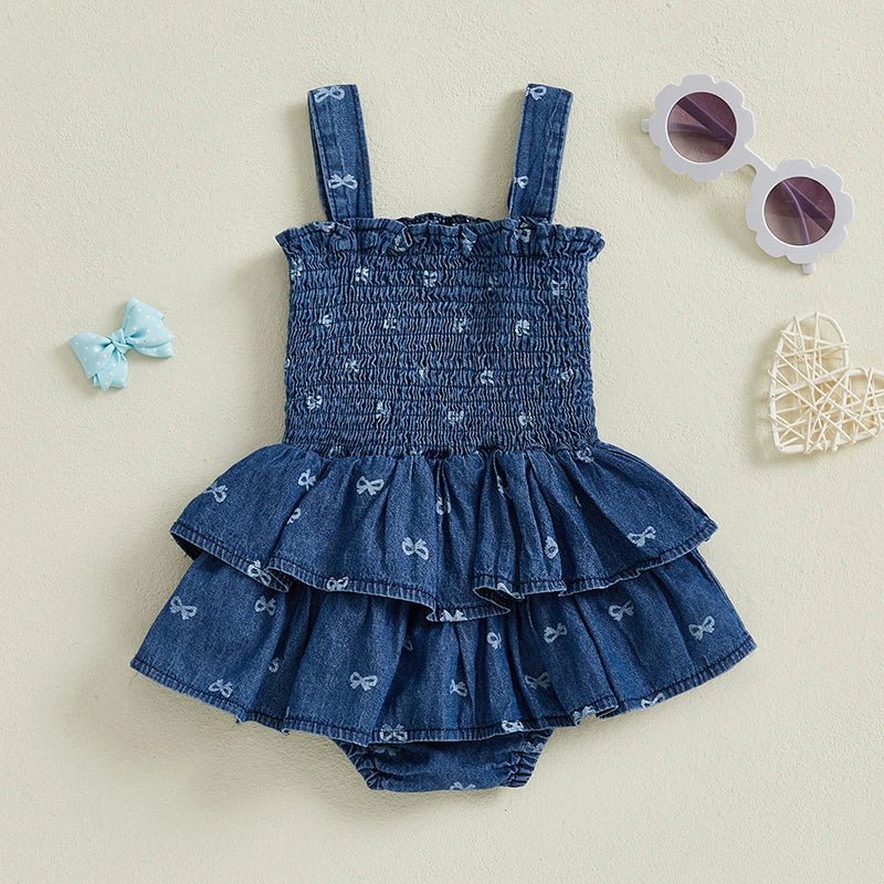 Denim Bows Onesie Dress - The Ollie Bee