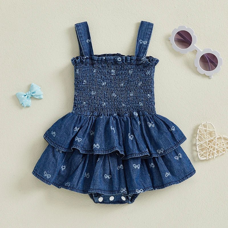 Denim Bows Onesie Dress - The Ollie Bee