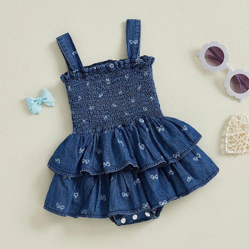 Denim Bows Onesie Dress - The Ollie Bee