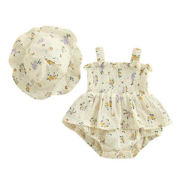 Neutral Florals Onesie Dress & Sunhat - The Ollie Bee