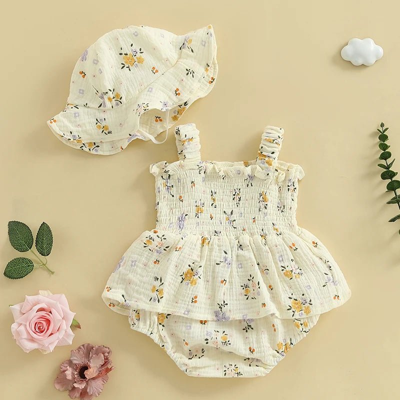 Neutral Florals Onesie Dress & Sunhat - The Ollie Bee