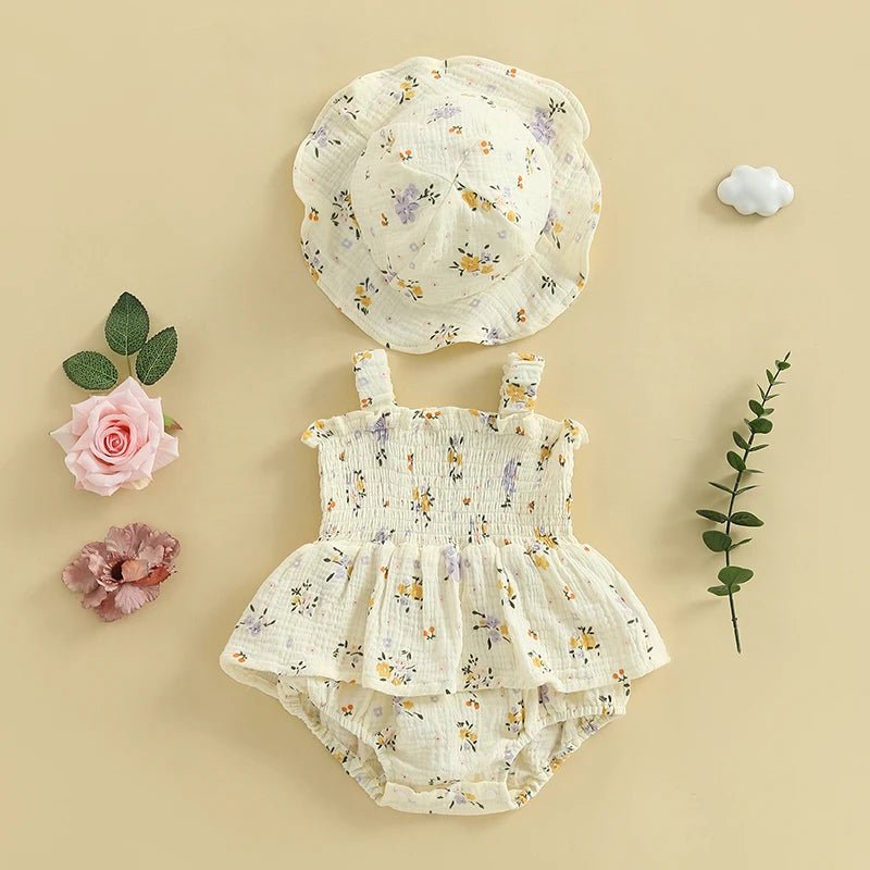 Neutral Florals Onesie Dress & Sunhat - The Ollie Bee