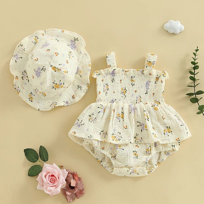 Neutral Florals Onesie Dress & Sunhat - The Ollie Bee