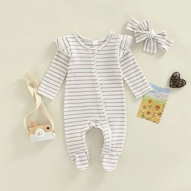 Ruffle Shoulder Striped Footie - The Ollie Bee