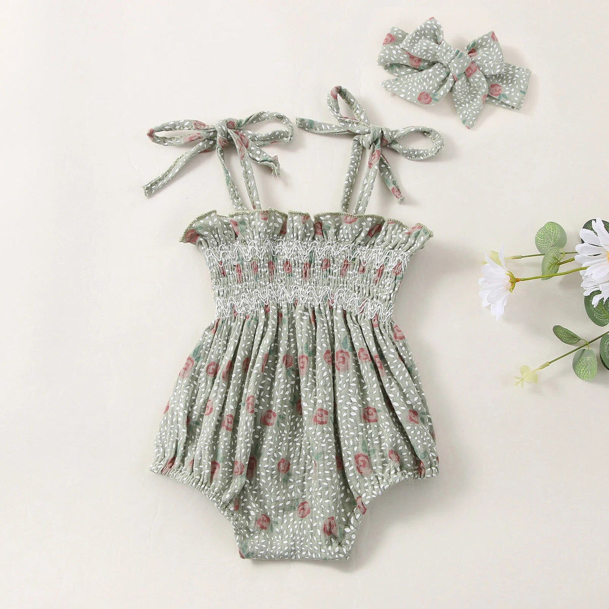 Dainty Floral Romper and Bow - The Ollie Bee