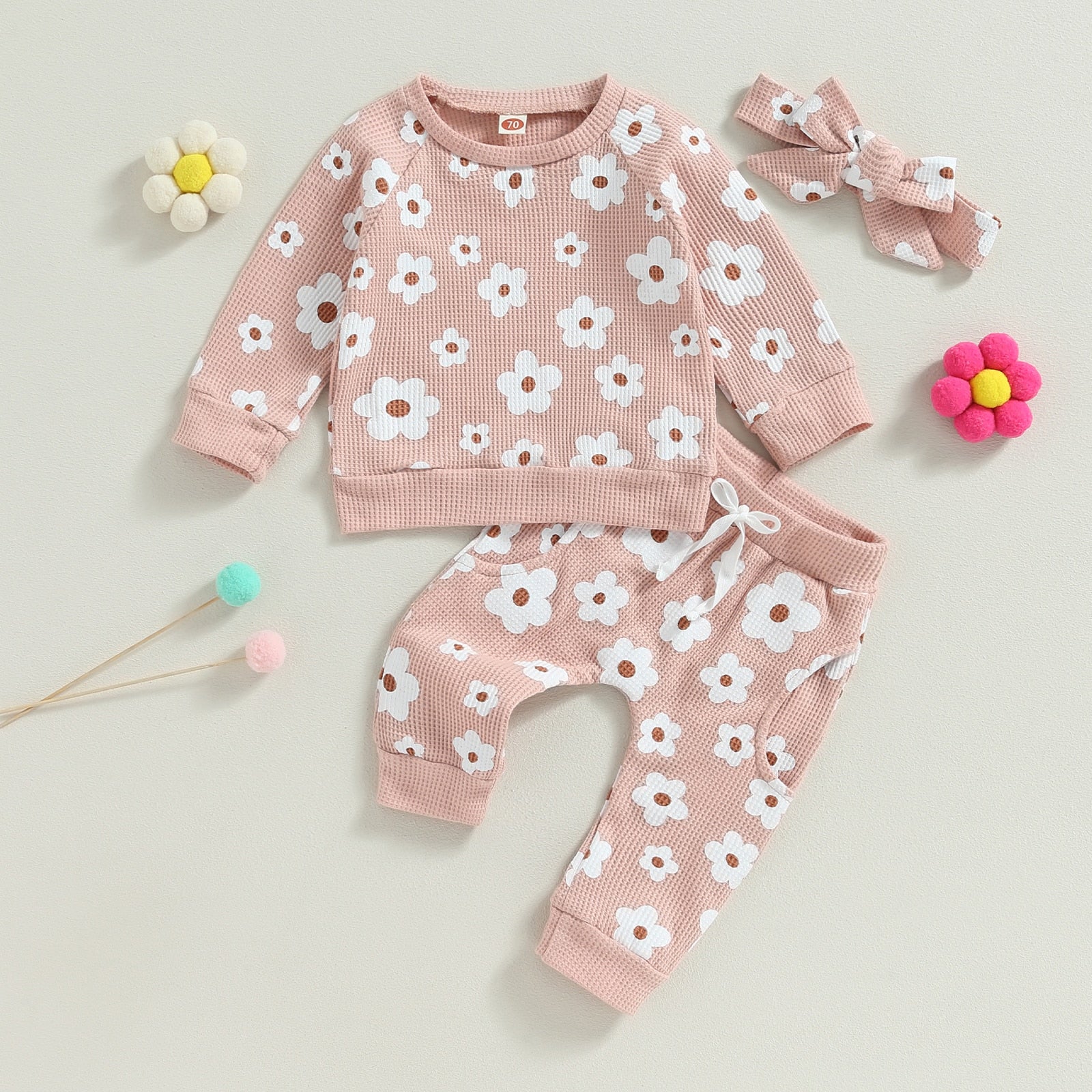 Flower Power Waffle Sweatsuit and Bow Mint 12 18 Months