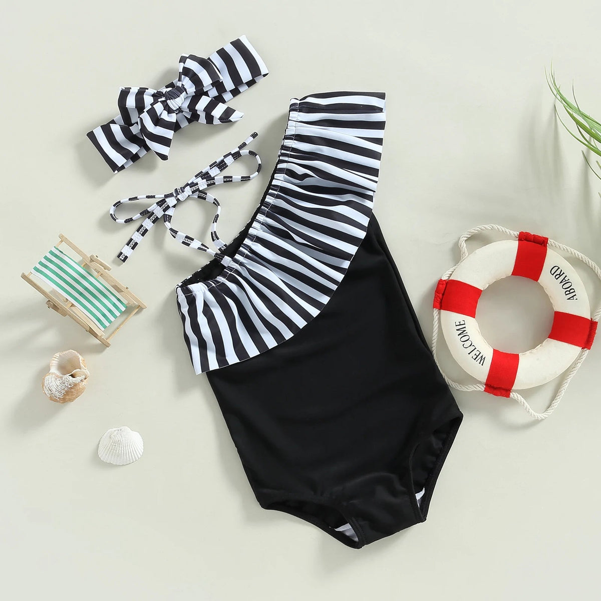 One Shoulder Ruffled Stripes Swimsuit - The Ollie Bee