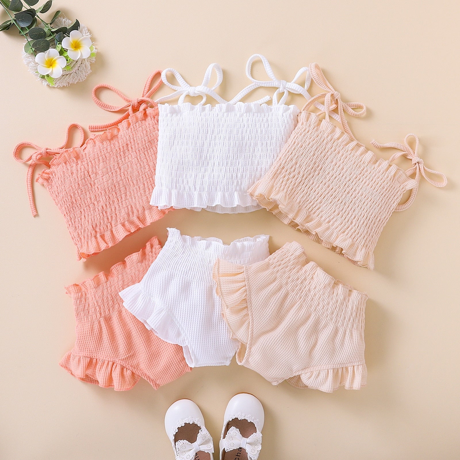 Ruched Tie Shoulder Ruffle Set - The Ollie Bee